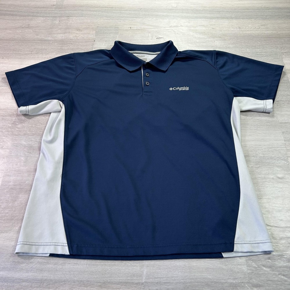 Columbia PFG Polo Shirt Mens Larg Blue Colorblock Fishing Mesh Lined Performance